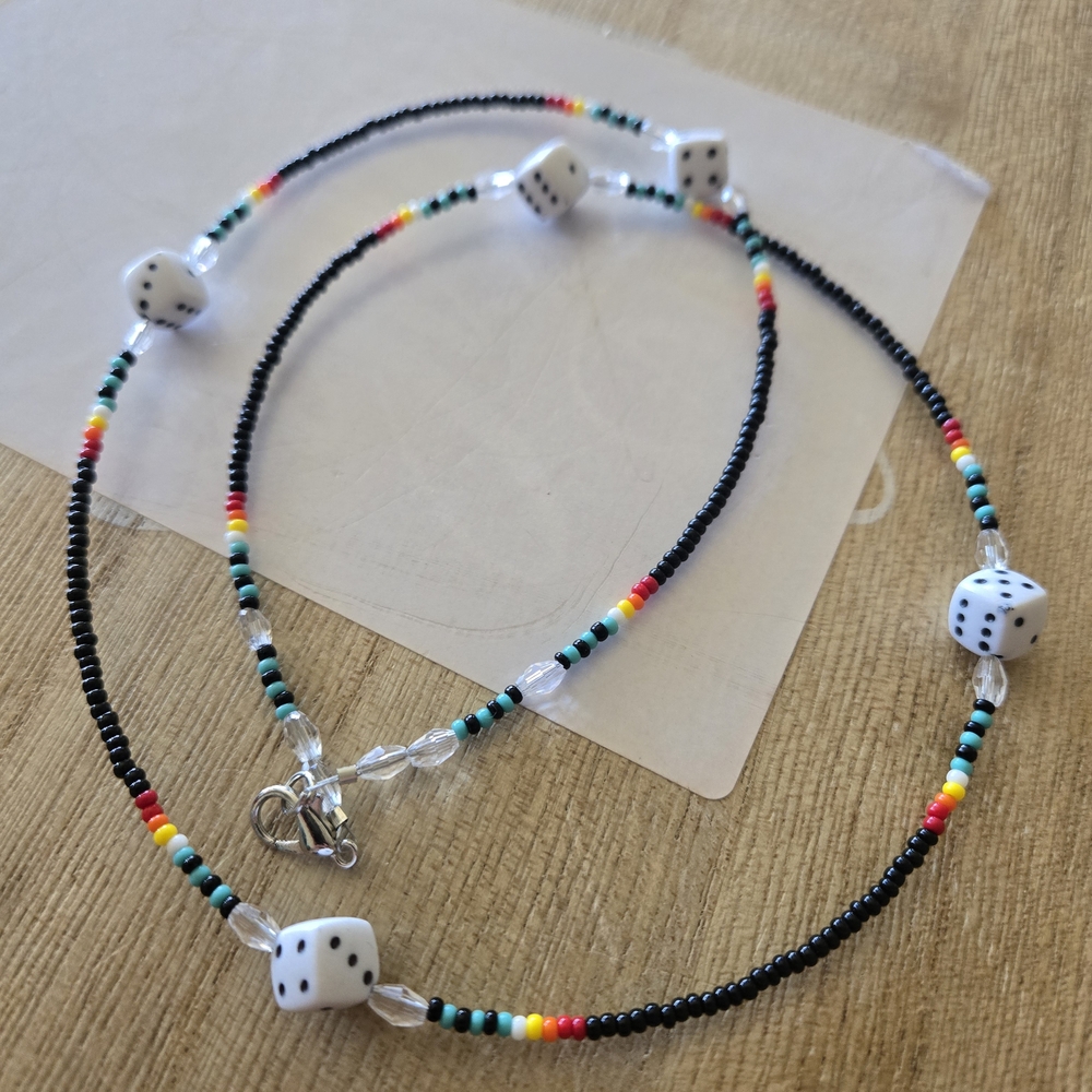 Black Seed Bead Necklace with White Dice Accents